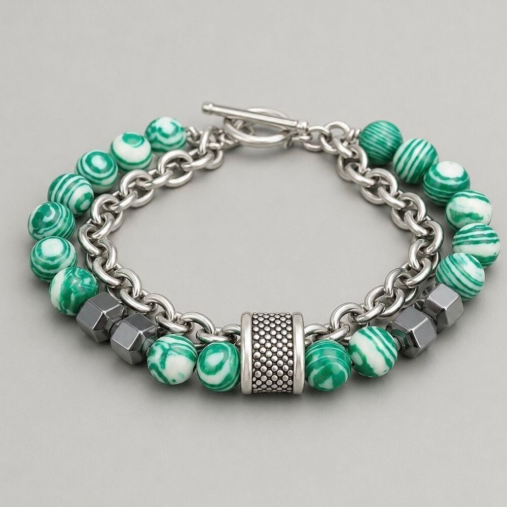 Green Marbleized Bead & Chain Bracelet - Simulated Malachite & Hematite
